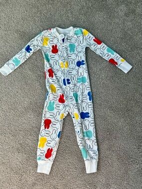 3T White Footie Pajama with Red, Blue, Yellow, Teal Bunny Print
